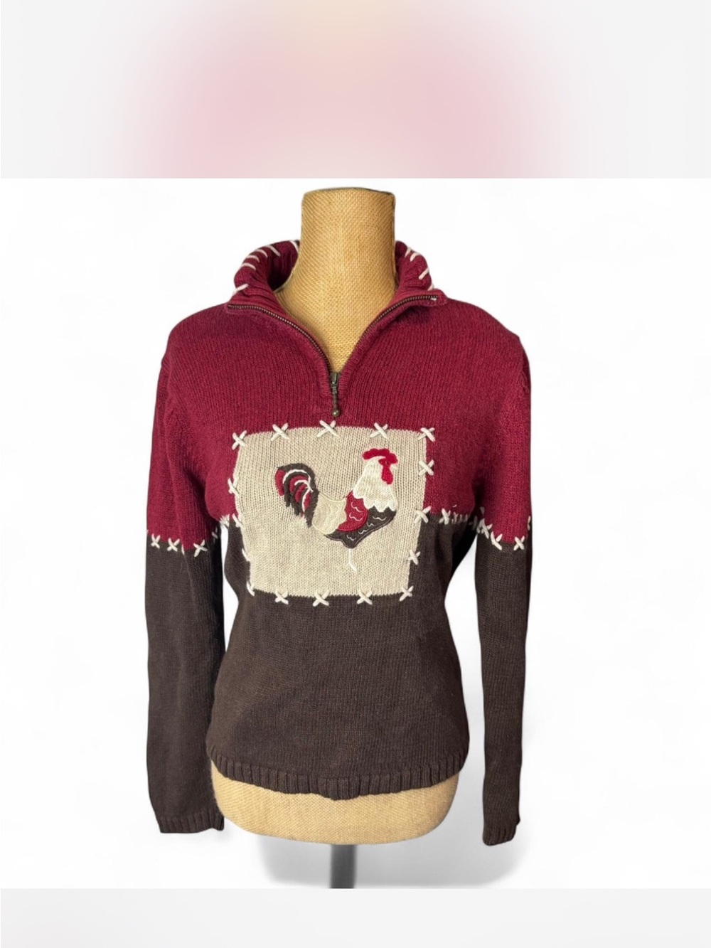 Christopher & Banks Burgundy and Brown Rooster Half-Zip Turtleneck Sweater